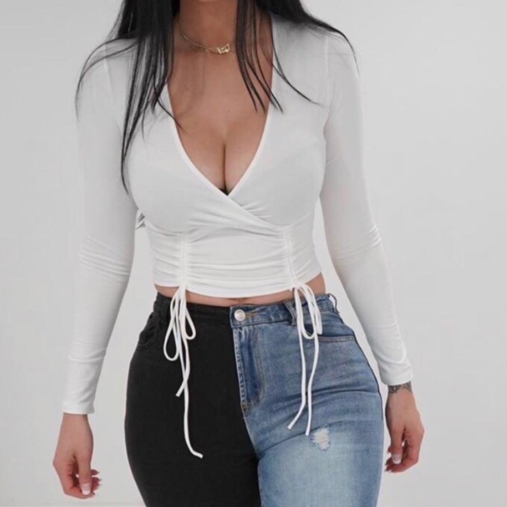White Double Ruched Long Sleeve Top Front strings.